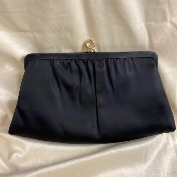 Vintage 1960s Andé Black Satin Evening Bag Gold Frame Collapsible Handle Clutch - Picture 6 of 9